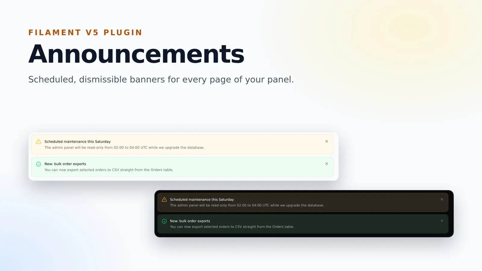 A 16:9 plugin directory cover image for Filament Announcements showing the banners in light and dark mode