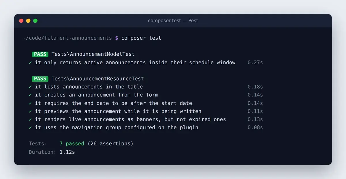 Seven passing Pest tests for the Filament Announcements plugin