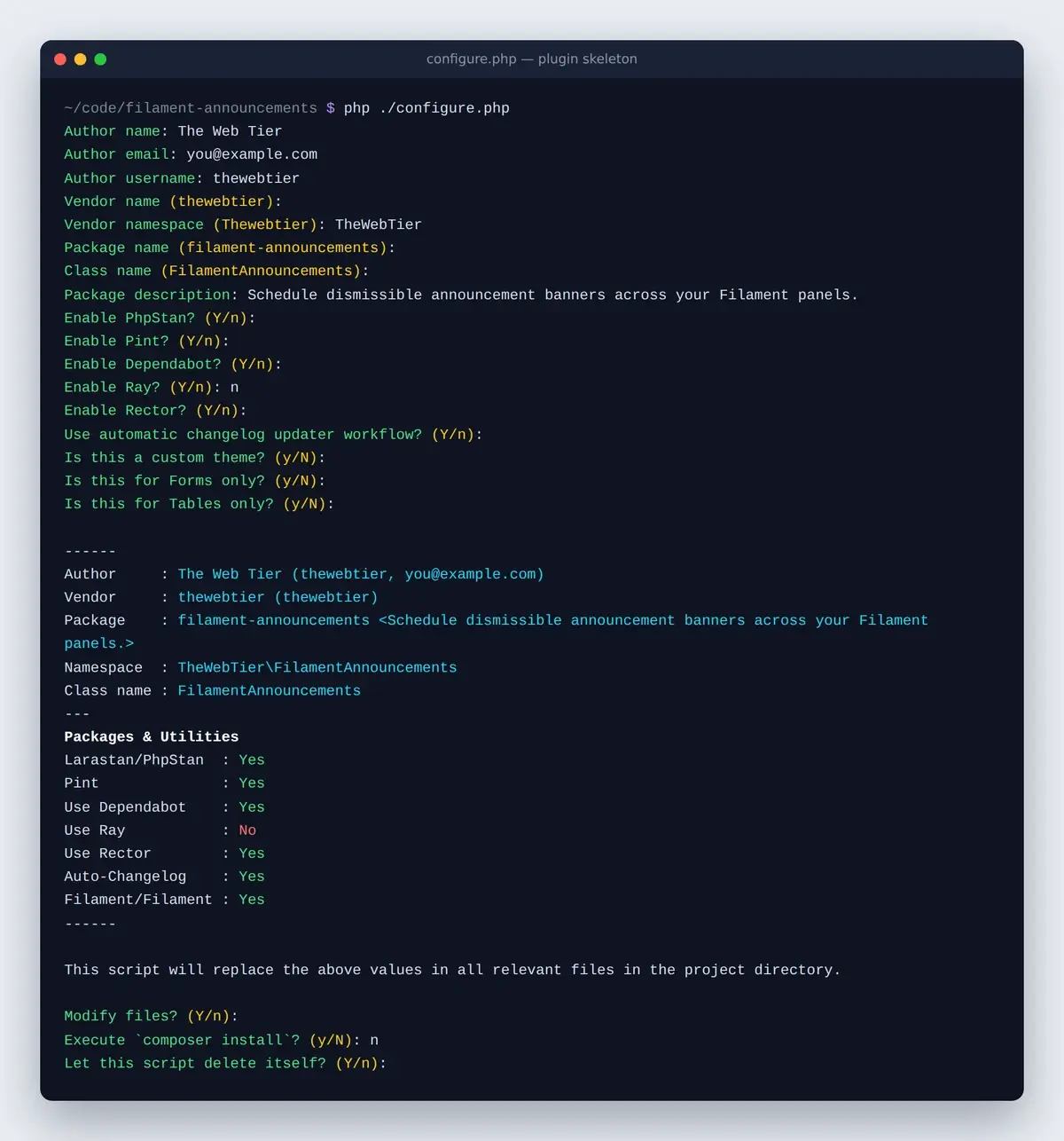 Running php ./configure.php from the Filament plugin skeleton, with answers for the Filament Announcements plugin