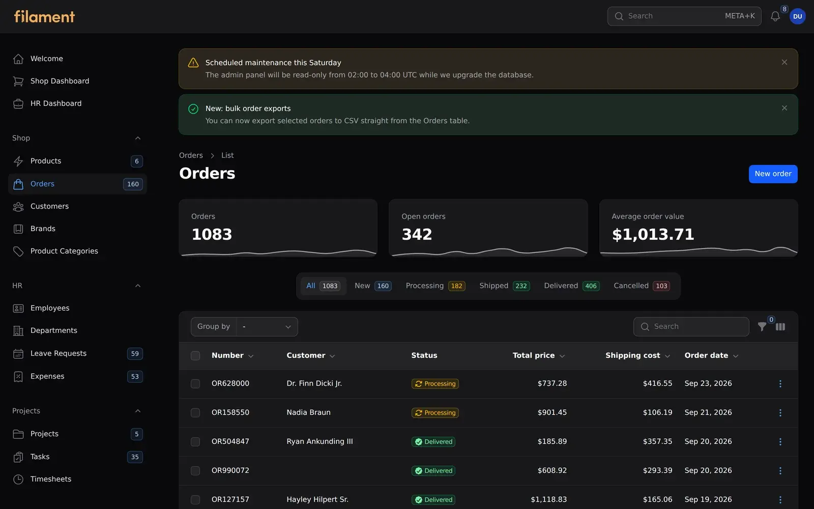 The Filament Announcements banners in dark mode, using Filament's callout component