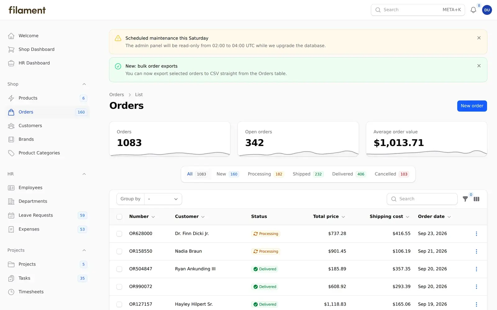 Announcement banners from the Filament Announcements plugin at the top of a Filament v5 panel