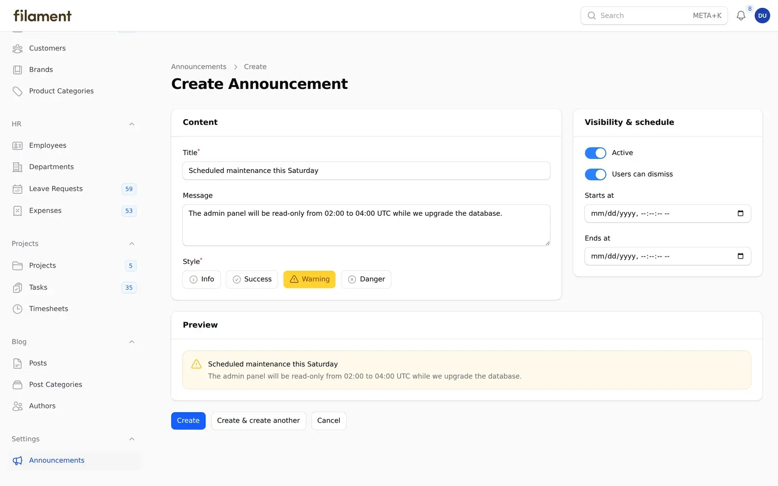 The Create Announcement form built with Filament v5 schemas, with a live banner preview