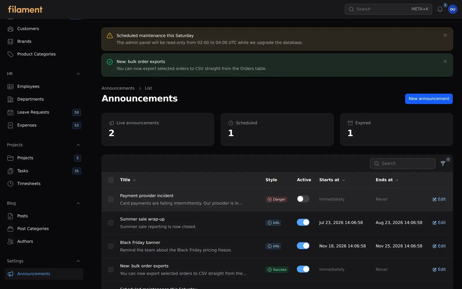 The Announcements resource in the Settings navigation group, with its stats widget, in dark mode