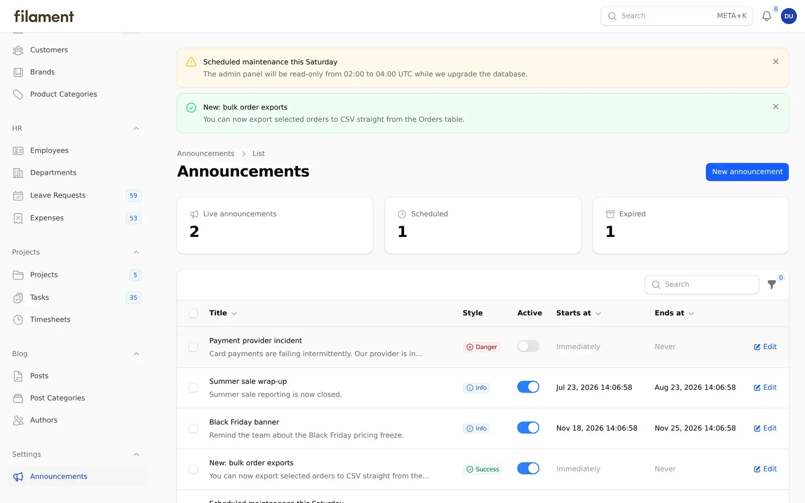 The Announcements resource with a stats widget, table columns for style, status and schedule