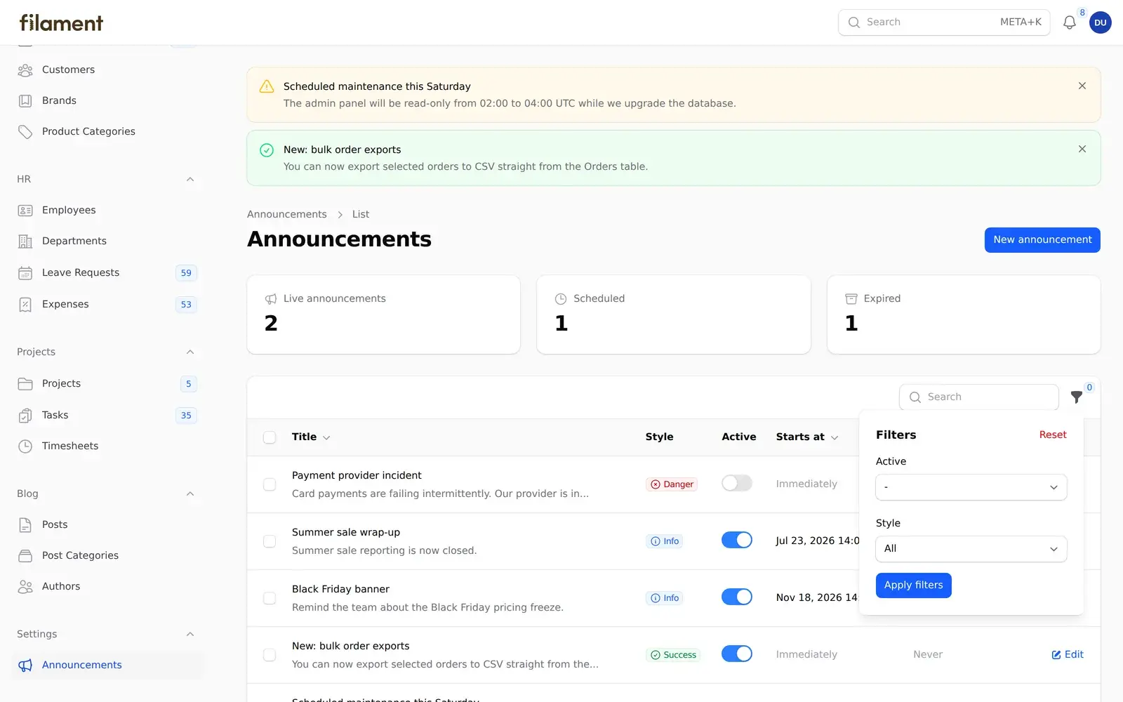 Filament v5 table filters in the Announcements resource