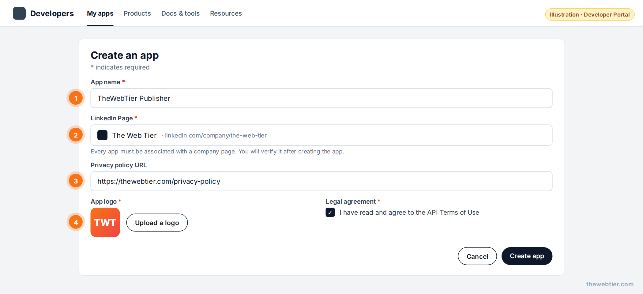Illustration of the LinkedIn Developer Portal 'Create an app' form with app name, LinkedIn Page, privacy policy URL and logo fields