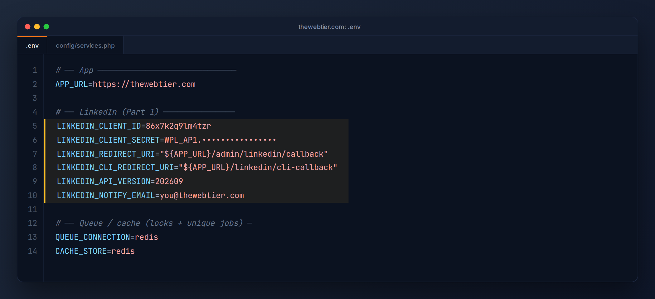 A .env file in a code editor showing LinkedIn client ID, secret, redirect URIs and API version