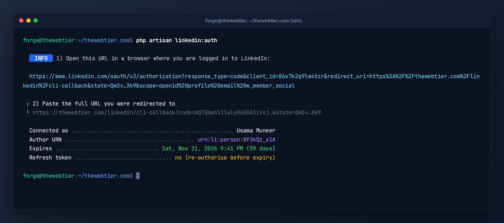 Terminal output of php artisan linkedin:auth showing the authorisation URL, the pasted redirect and the stored token details