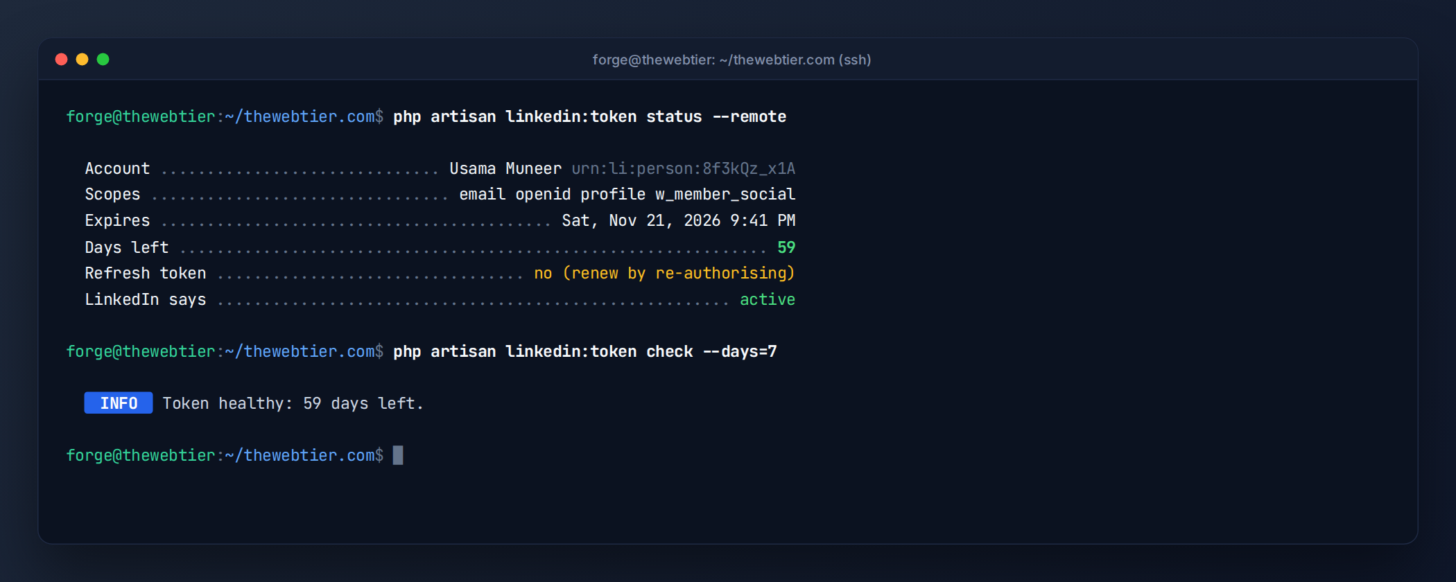 Terminal output of php artisan linkedin:token status --remote showing account, scopes, expiry, days left and LinkedIn introspection status