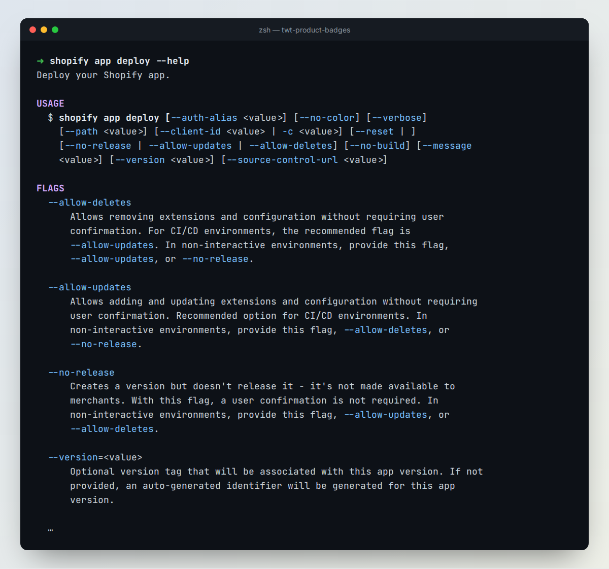Output of shopify app deploy --help in Shopify CLI 4.8