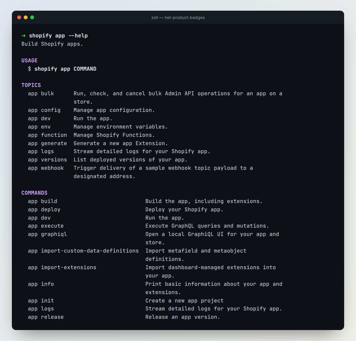 Output of shopify app --help in Shopify CLI 4.8