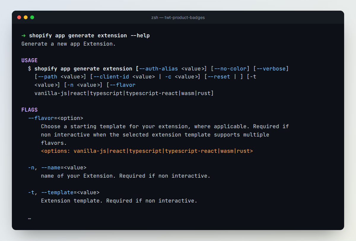 Output of shopify app generate extension --help in Shopify CLI 4.8