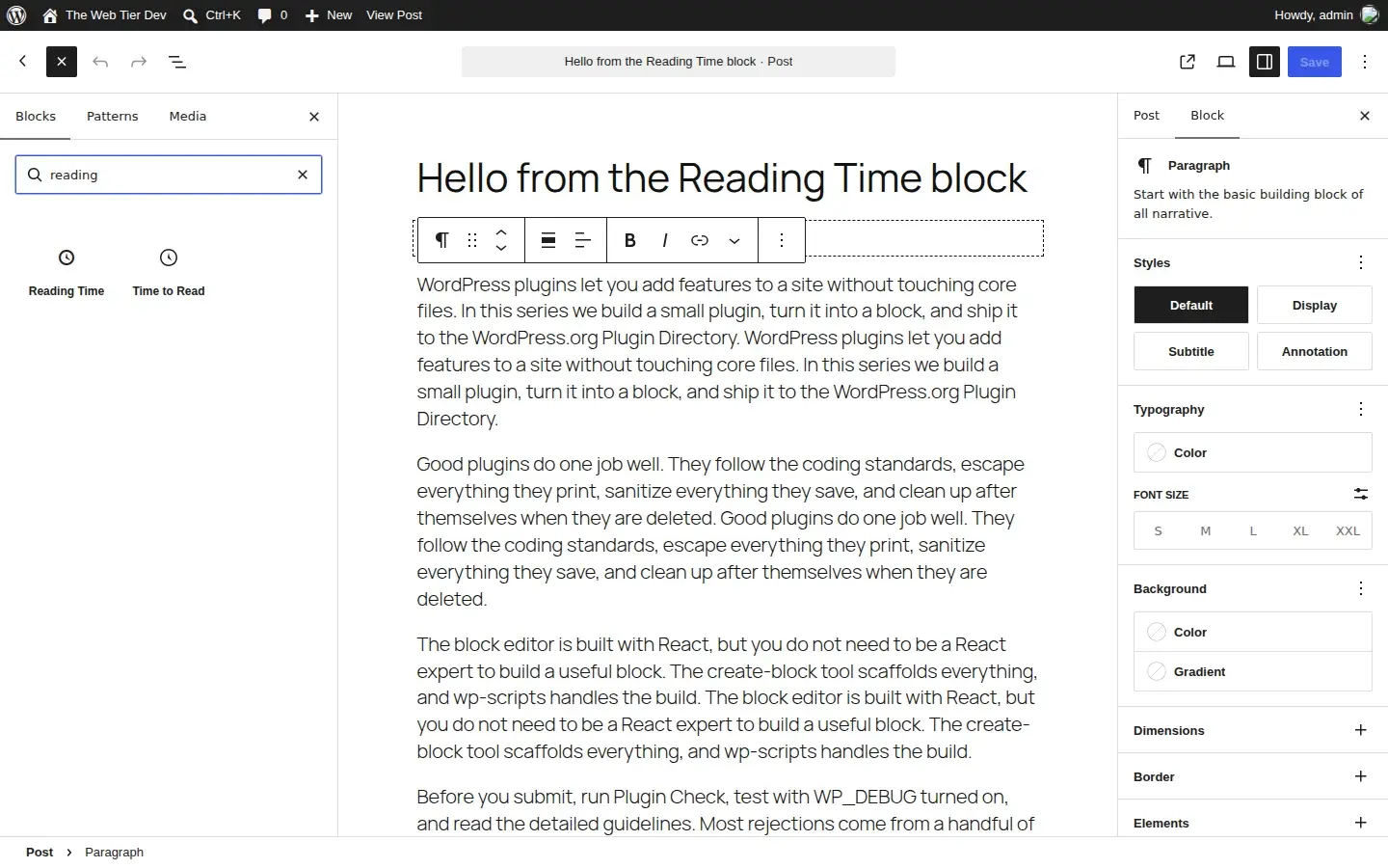 Searching for the Reading Time block in the block inserter
