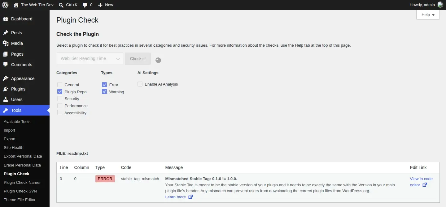 Plugin Check showing an ERROR: Mismatched Stable Tag 0.1.0 != 1.0.0 in readme.txt