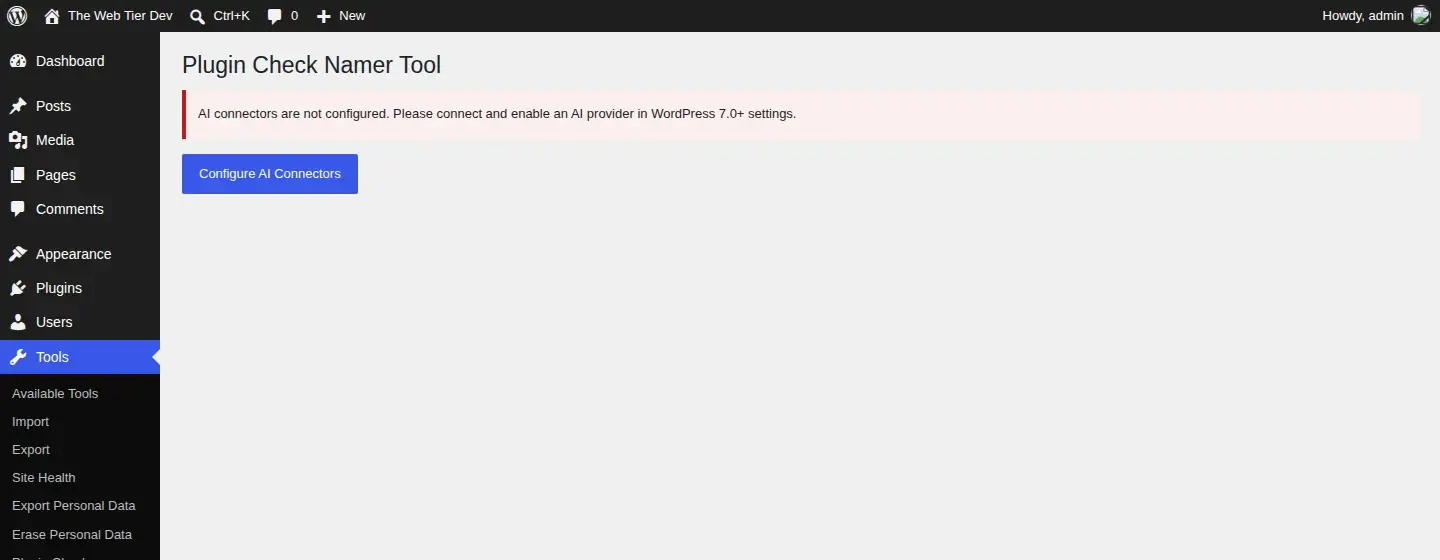 Plugin Check Namer tool asking to configure AI connectors in WordPress 7.0+ settings