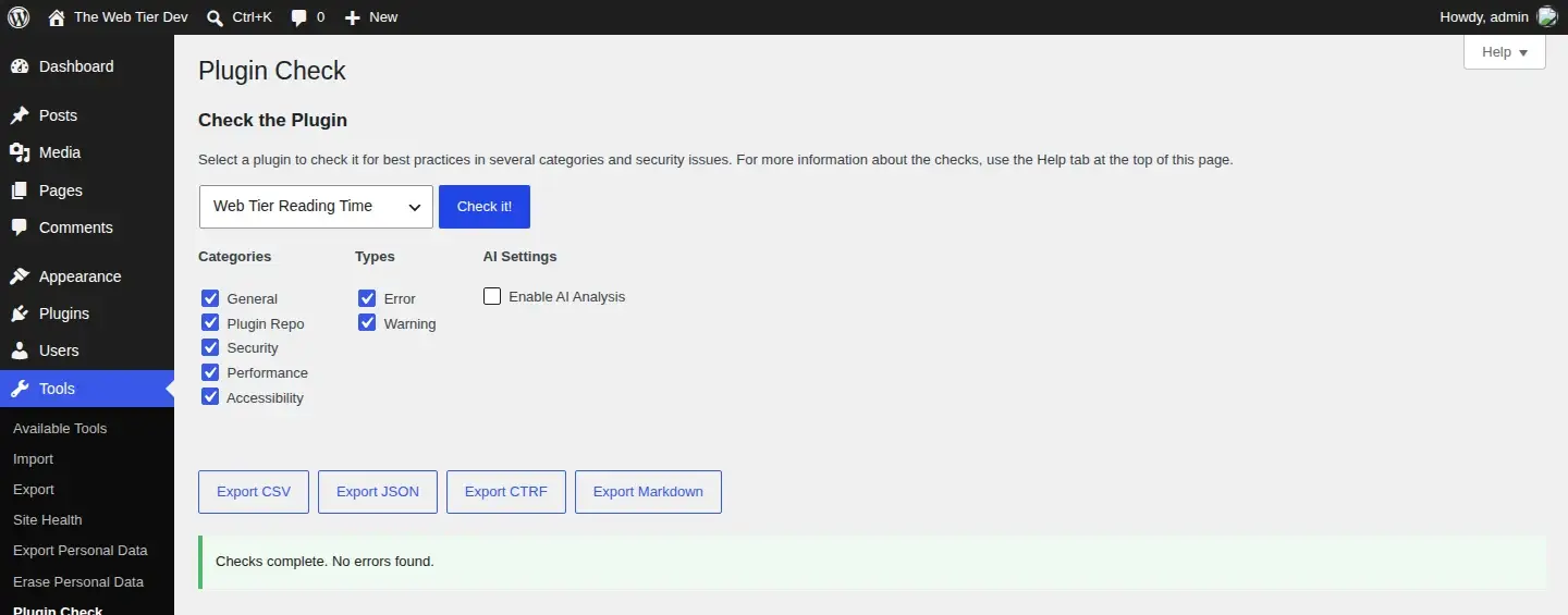 Plugin Check reporting "Checks complete. No errors found." for Web Tier Reading Time