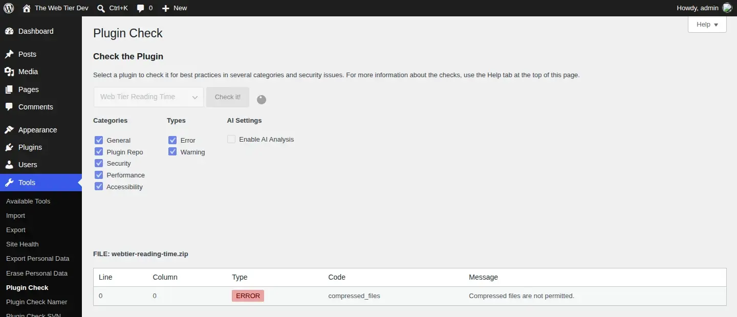 Plugin Check showing ERROR compressed_files: Compressed files are not permitted