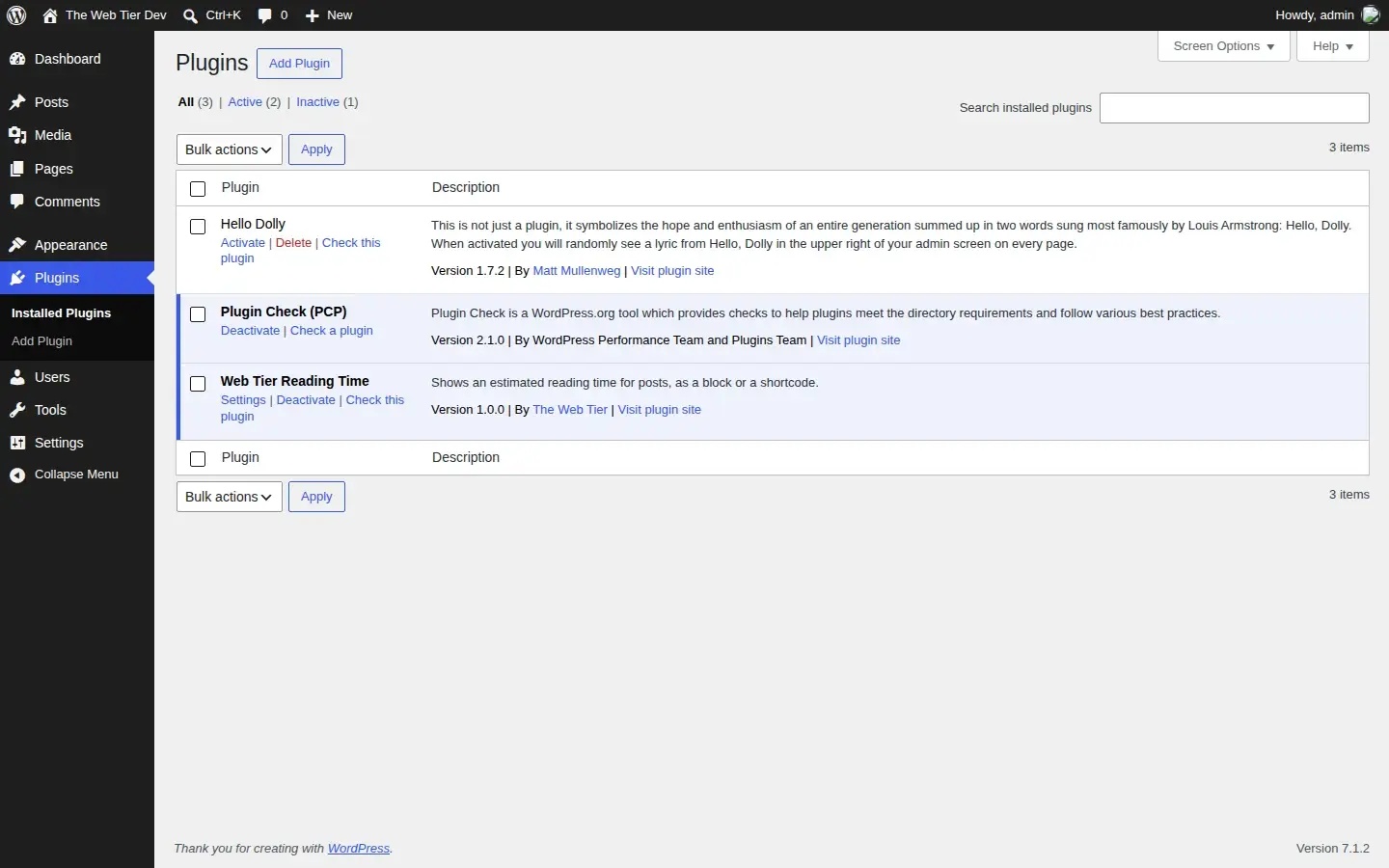Our plugin on the Plugins screen, complete with a Settings link. The Web Tier Reading Time plugin activated on the Plugins screen, with a Settings link