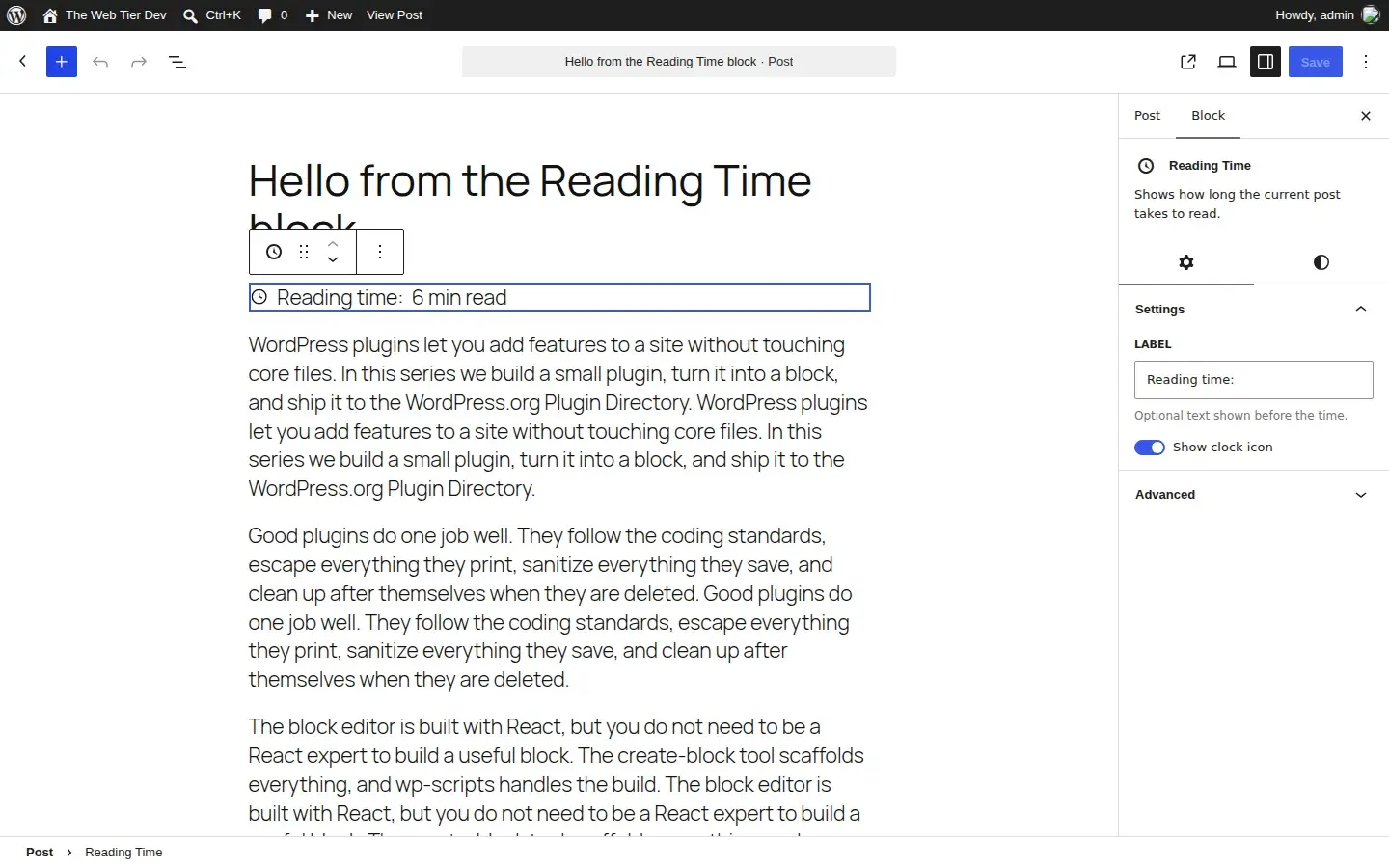 The Reading Time block selected in the WordPress 7.1 editor, with its settings in the sidebar