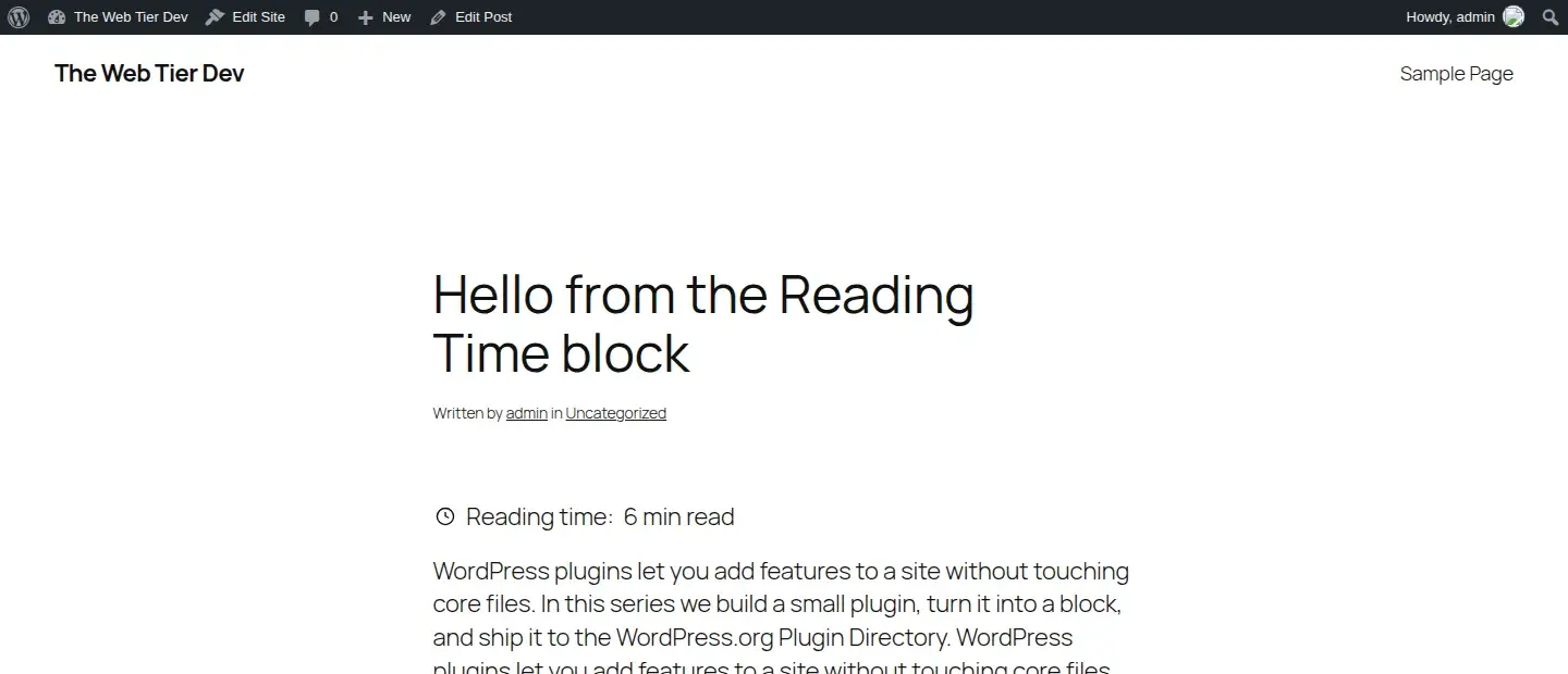 The Reading Time block on the front end of a post using Twenty Twenty-Five