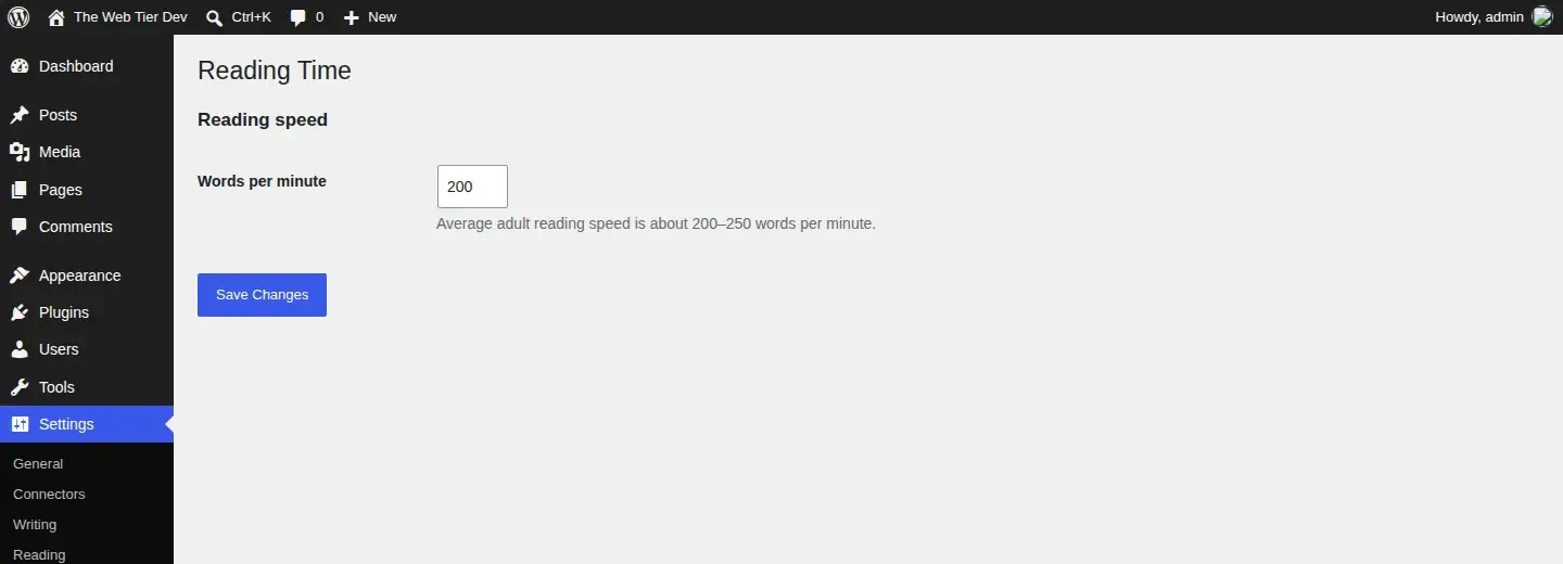 Settings → Reading Time, built entirely with the Settings API. The Reading Time settings page under Settings in WordPress 7.1