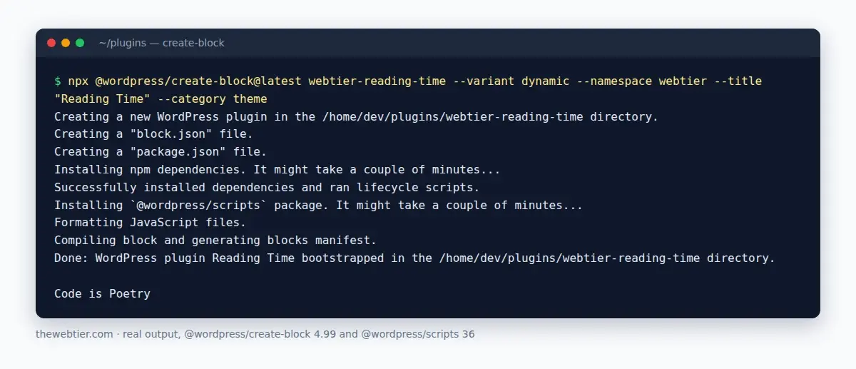 Terminal output from npx @wordpress/create-block@latest scaffolding a dynamic block plugin