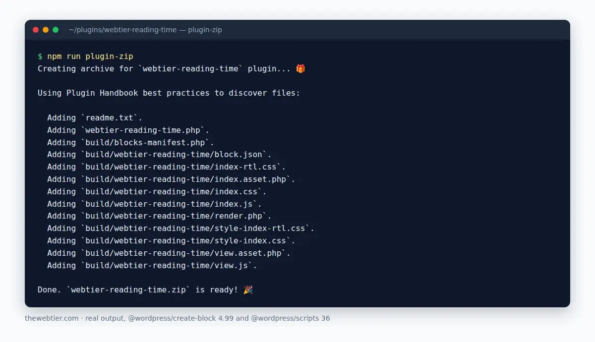Terminal output of npm run plugin-zip listing the files added to the archive