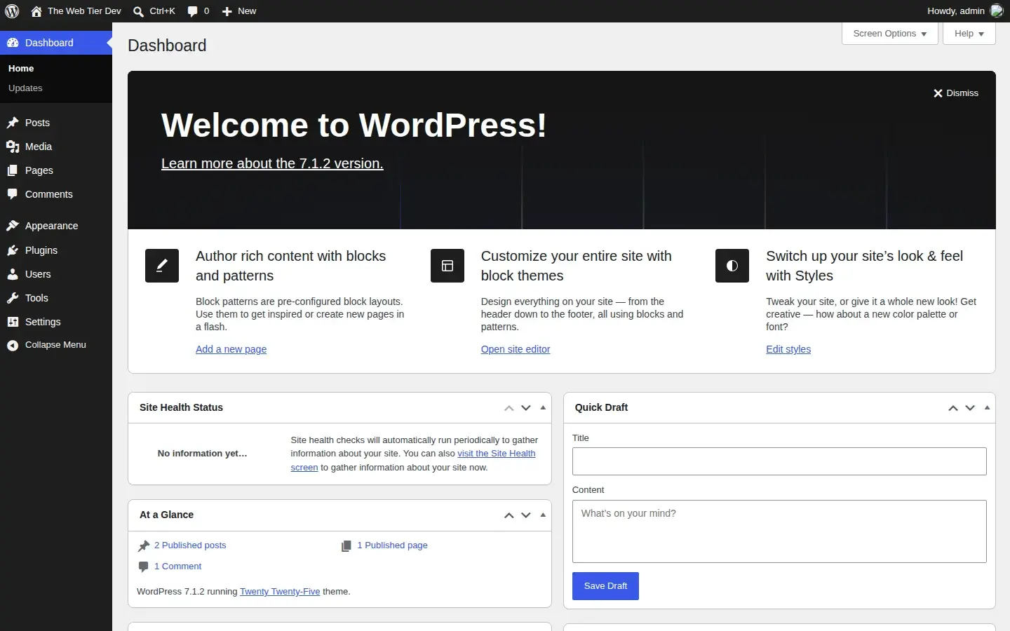 WordPress 7.1.2 running on a local development environment. The WordPress 7.1.2 dashboard running locally